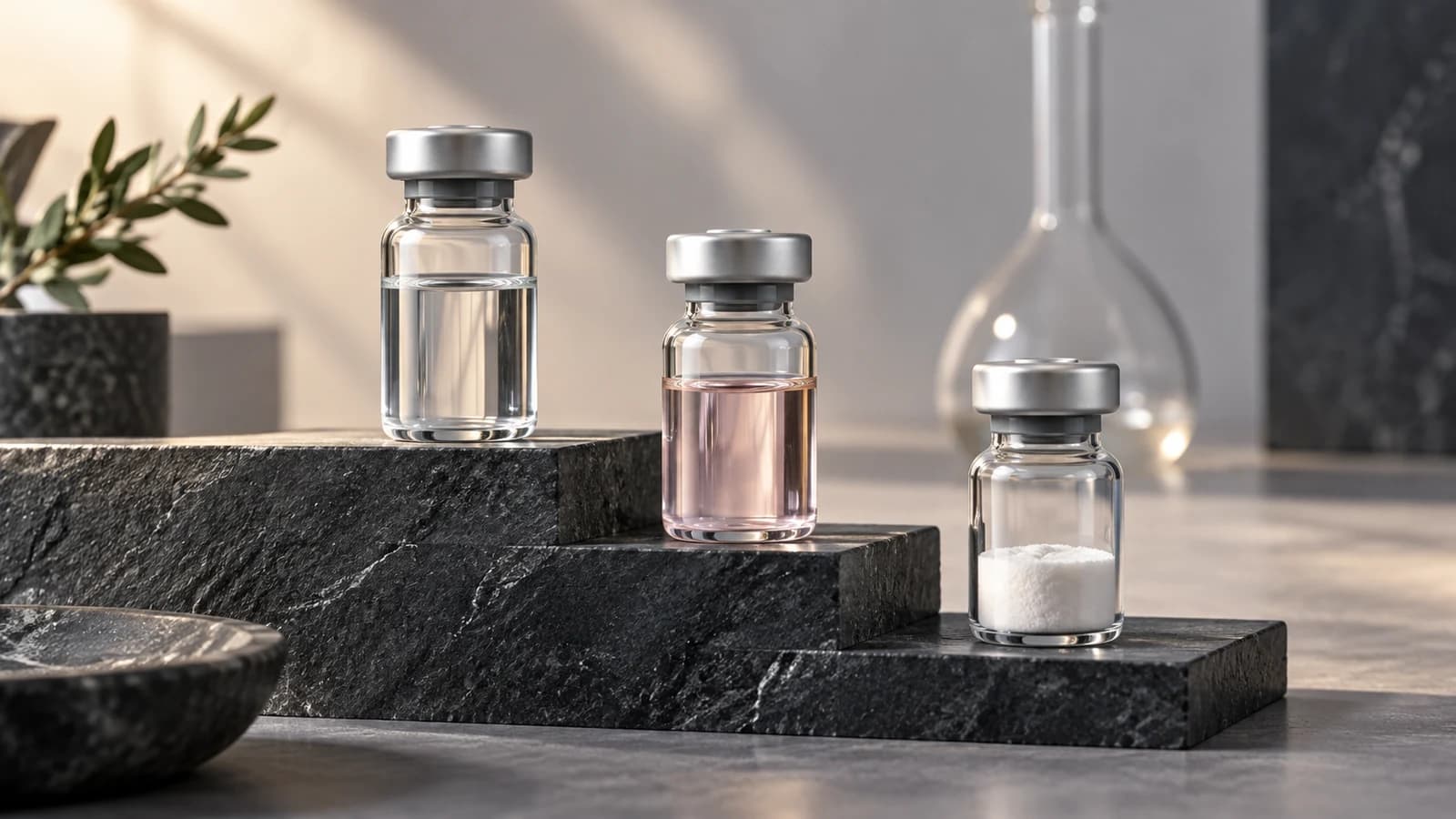 Three unlabelled vials showing clear liquid, pale rose liquid and dry white powder.