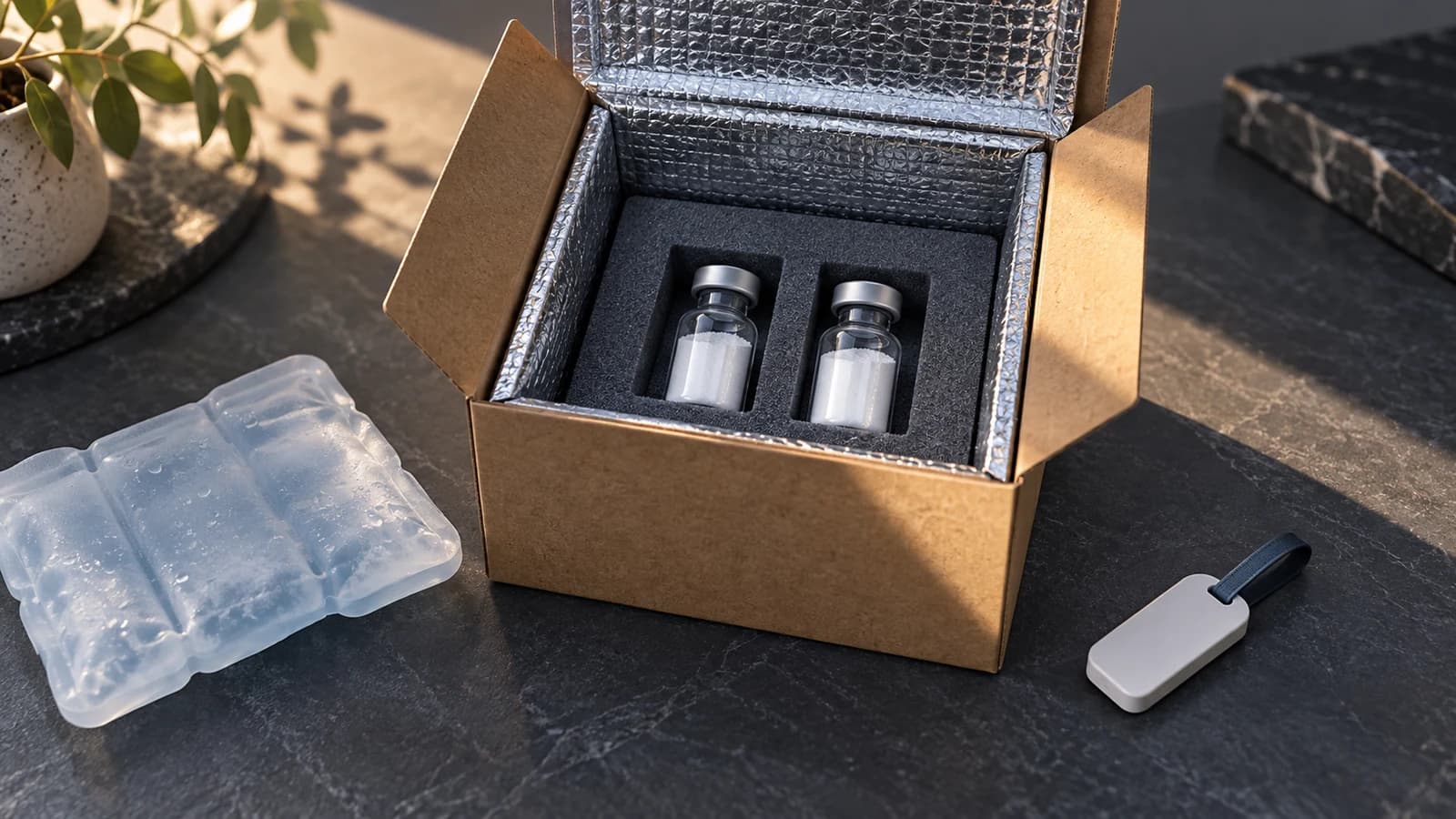 Sealed powder vials in an insulated shipping box beside a cooling pack.